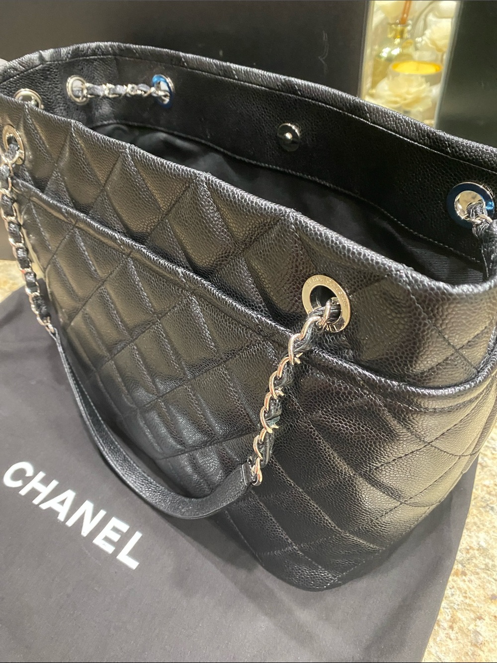 CHANEL Black Quilted Caviar Leather Tote with Chain-Strap Handles - Picture 7 of 8